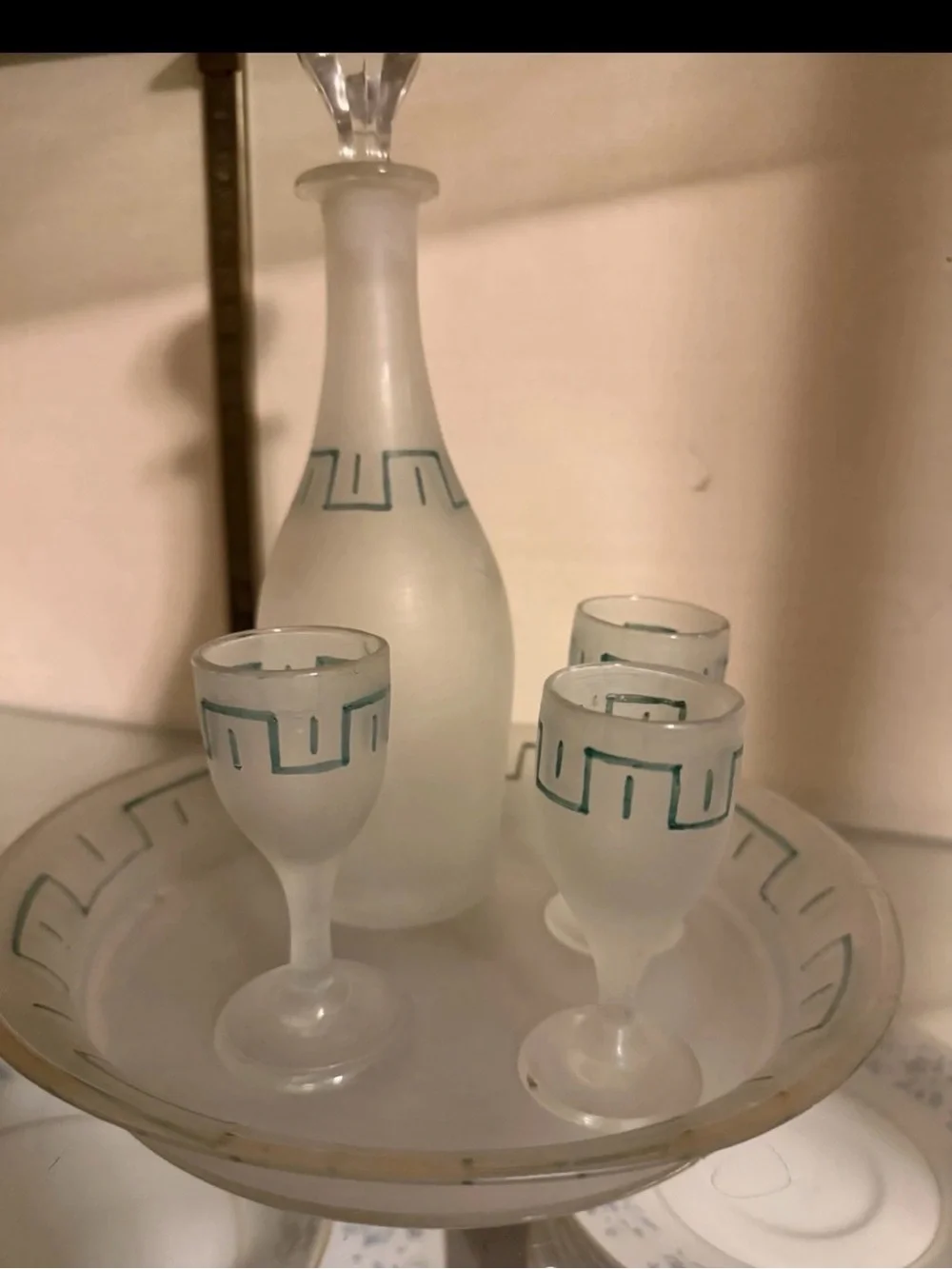 Vintage Frosted Glass Decanter Set Greek Key Tray & 3 Cordial Glasses MCM